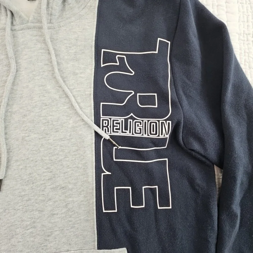 True Religion Colorblock Fleece Logo Hoodie Men's M Black Grey EUC Drawstring LS